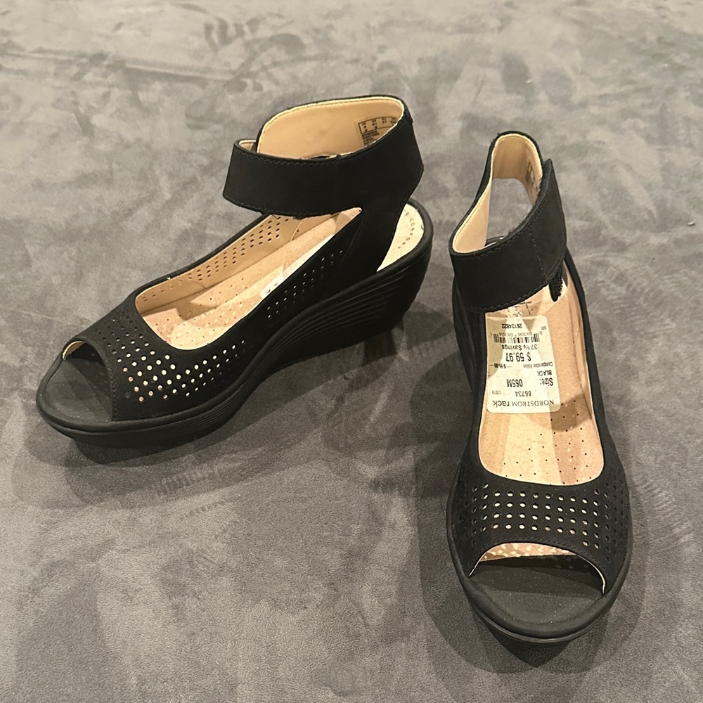 Clarks Black Perforated Wedge Sandals